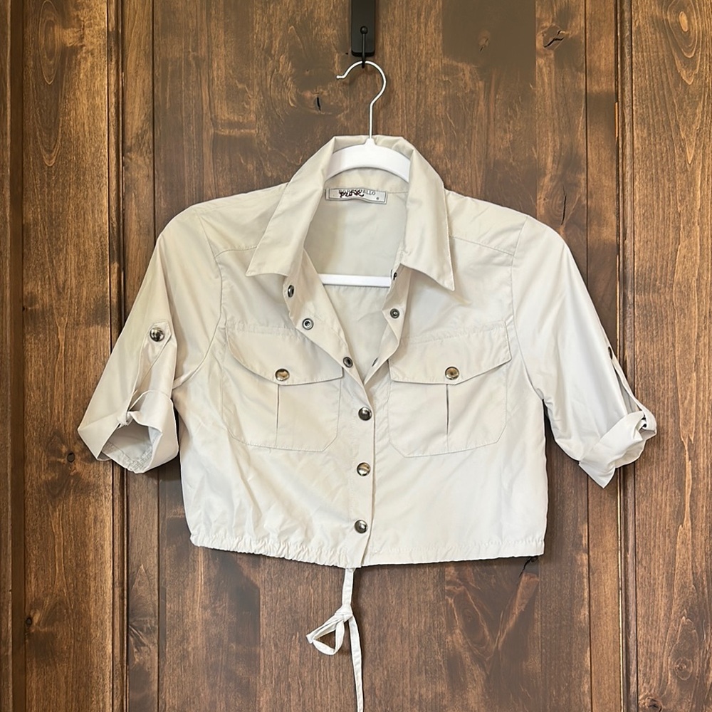 Beige Cropped Button-Up Shirt
